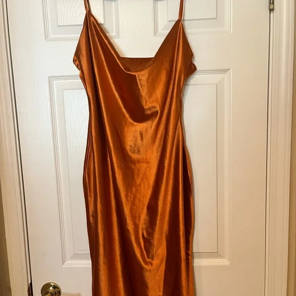 Sleek Orange Satin Slip Dress - Picture 3 of 5